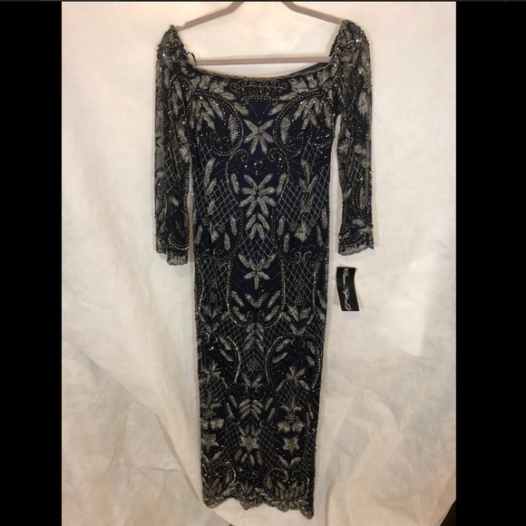 NWT Pisarro Nights Embellished Off the Shoulder Column Gown Blue [SZ 6 ]‎ - Picture 2 of 12